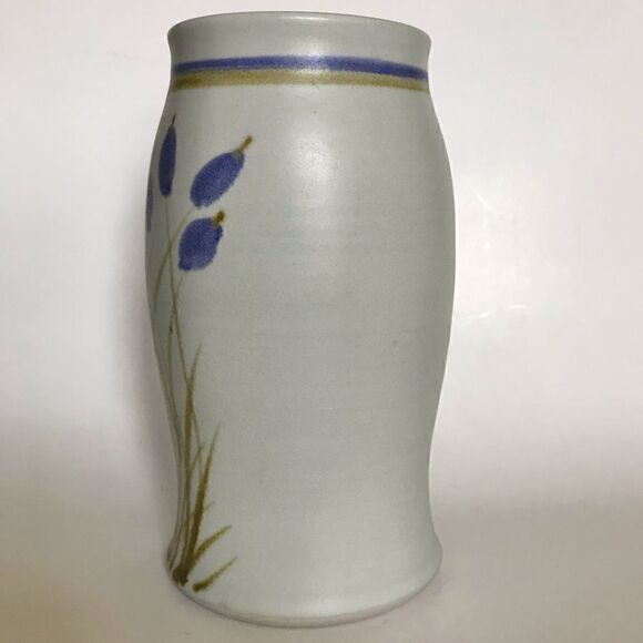 Vintage Artist Signed Blue Floral Botanical 8”  Salt Glaze Pottery Vase - Picture 4 of 14